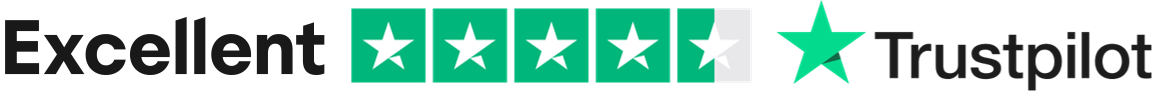 'Excellent' in black text next to a four and a half-star rating with a green star with 'Trustpilot' in black text next to it on the right on a white background.